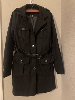 Womens Black Belted Wool-Blend Trench Coat Size M